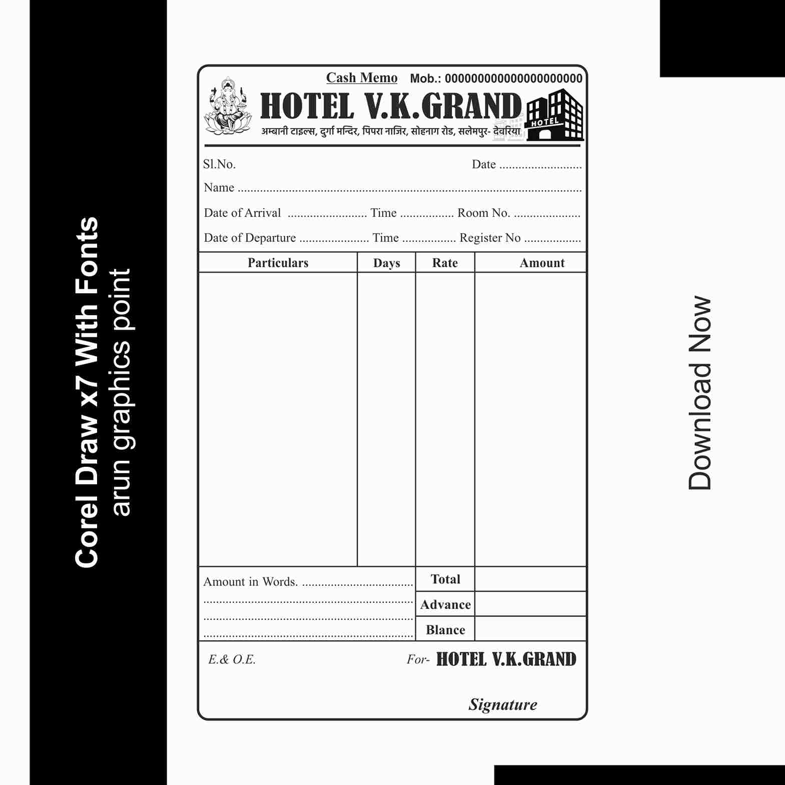 Hotel Cash memo design With Fonts corel draw x7