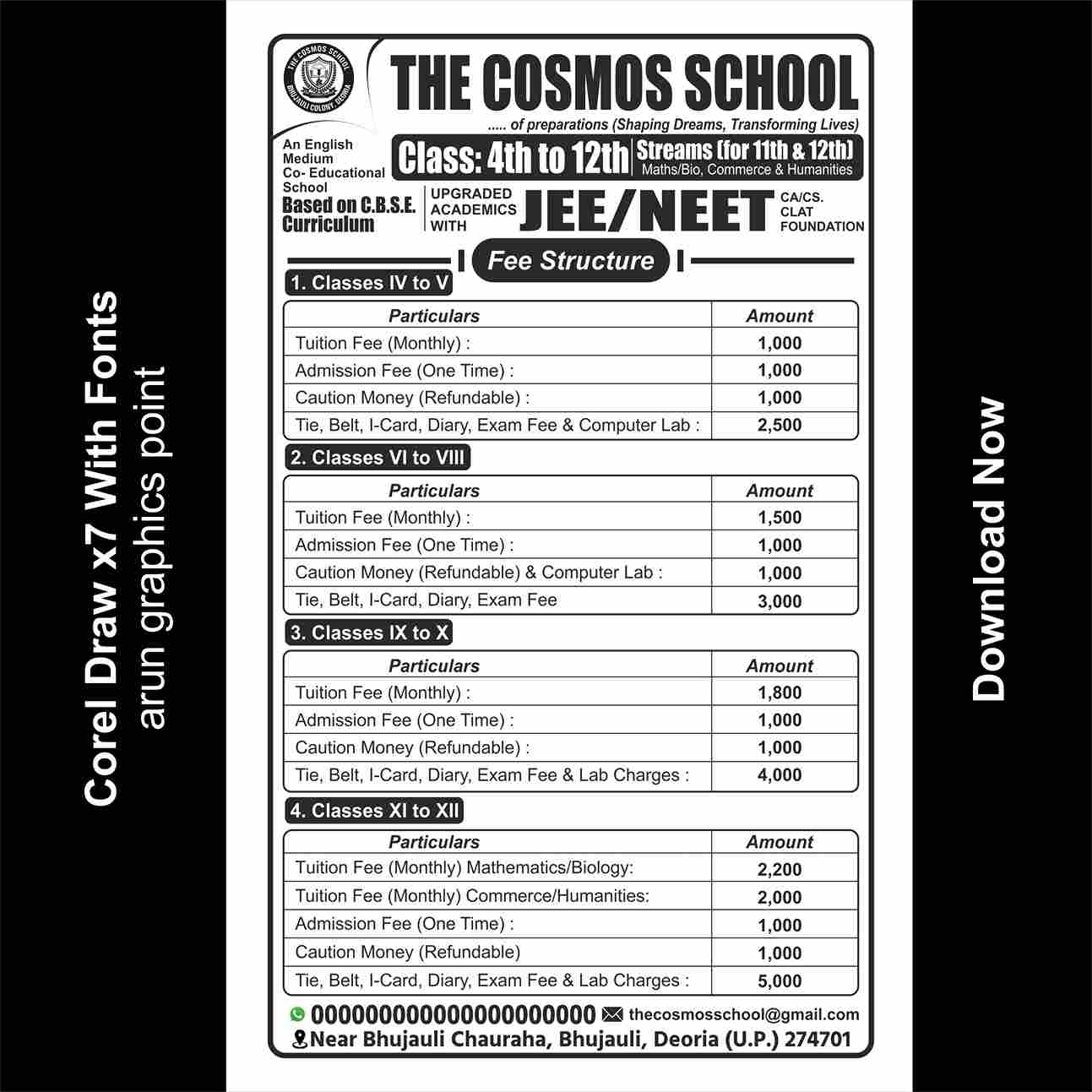 Fee Structure Design with Fonts Corel Draw