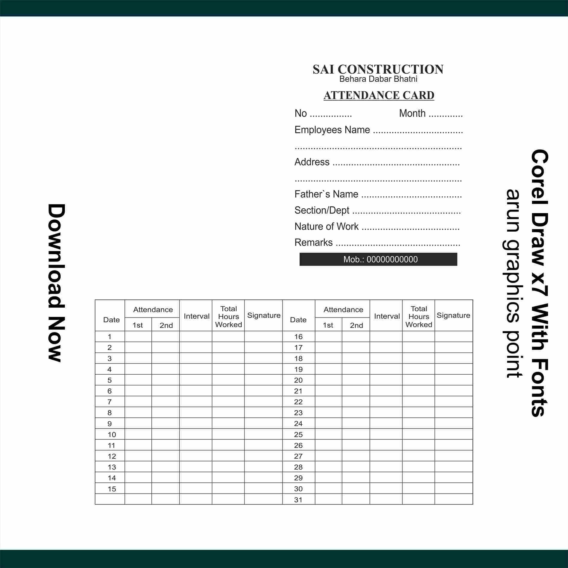 ATTENDANCE CARD design with fonts Corel Draw x7