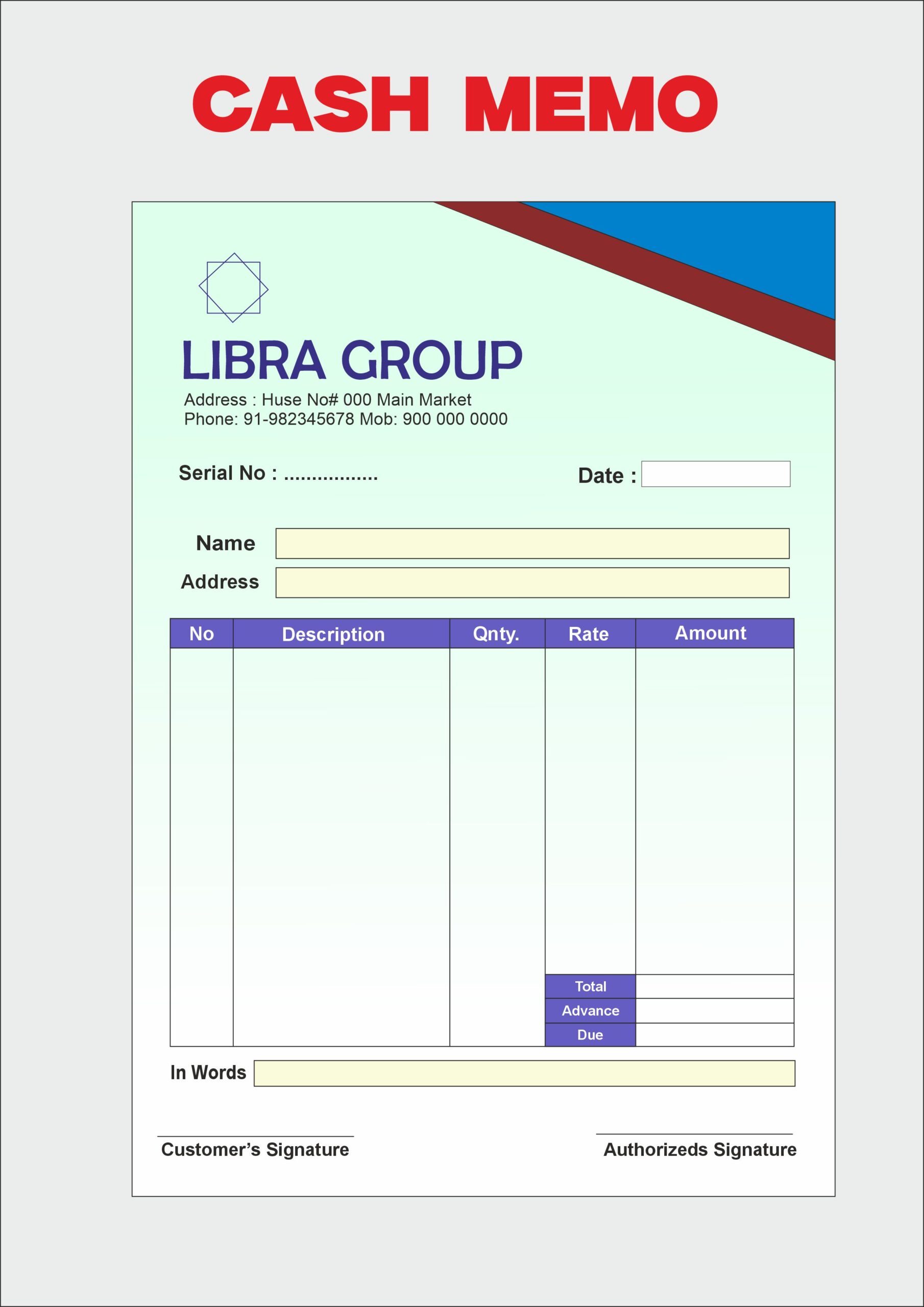 Cash Memo ( BIll Book) cdr 2025 with font