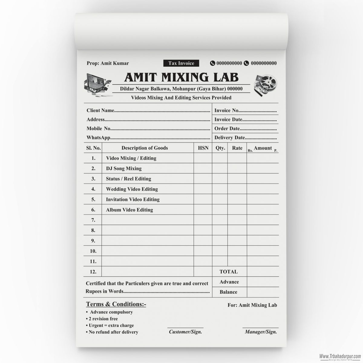 Amit Mixing Lab, Video Editing Invoie Bill Book Design Cdr File