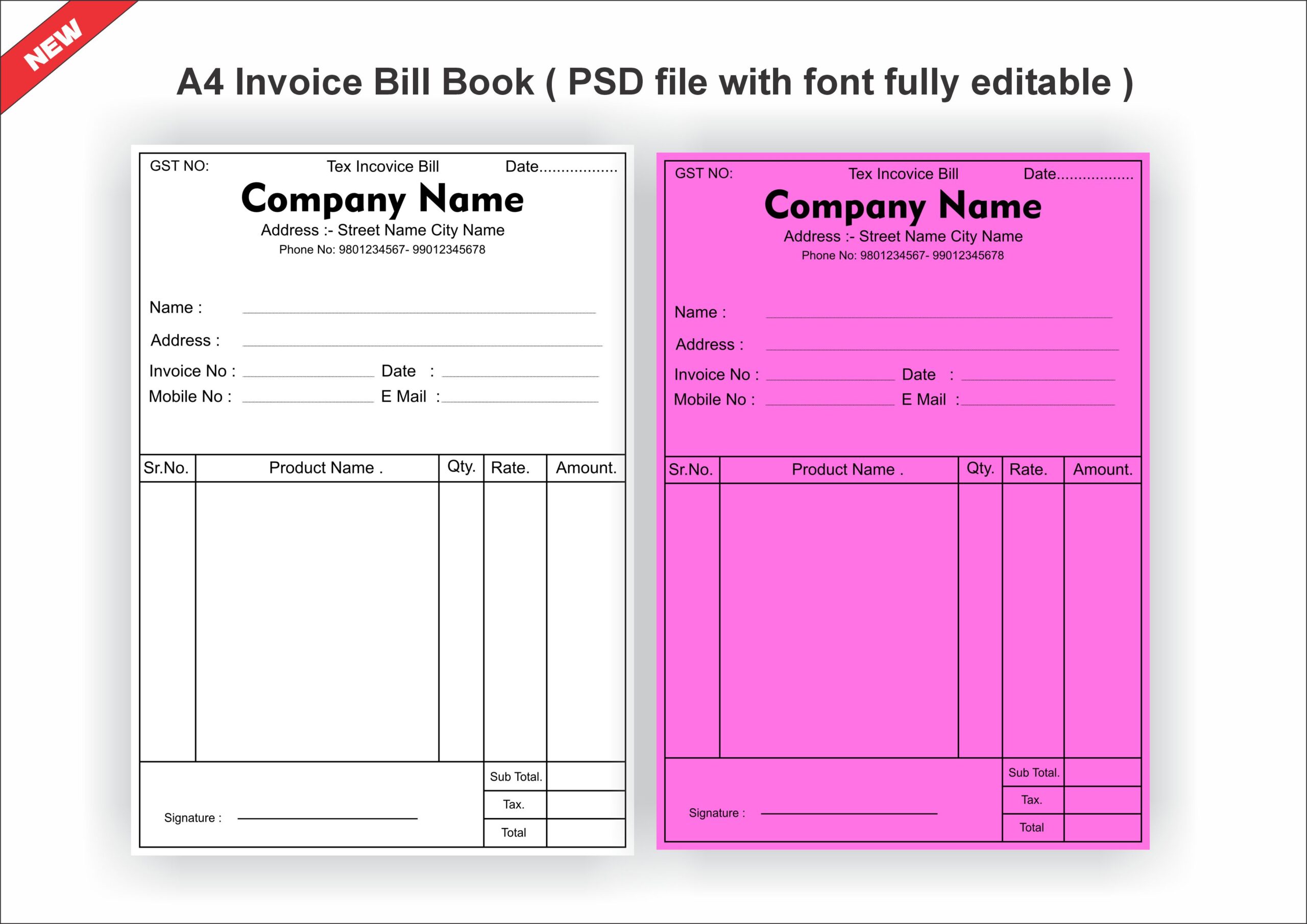 Invocie Bill Book ( PSD file with font fully editable )