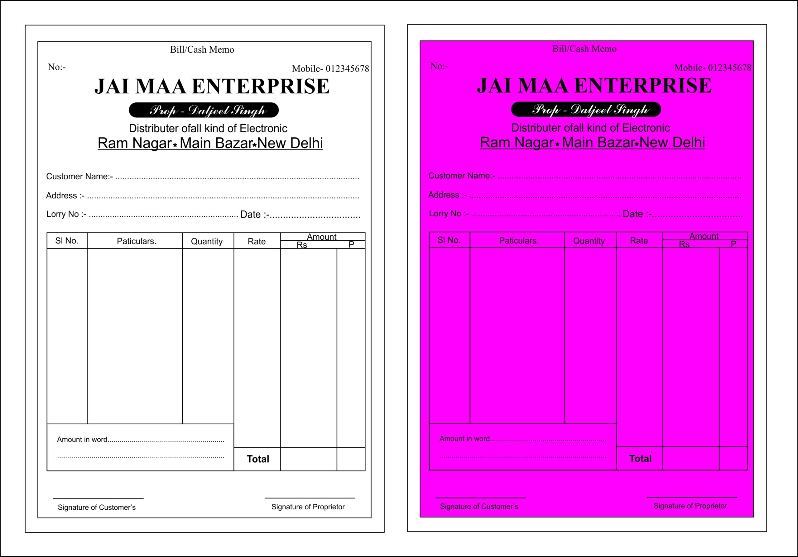 Bill Book with font Coral draw version 2012