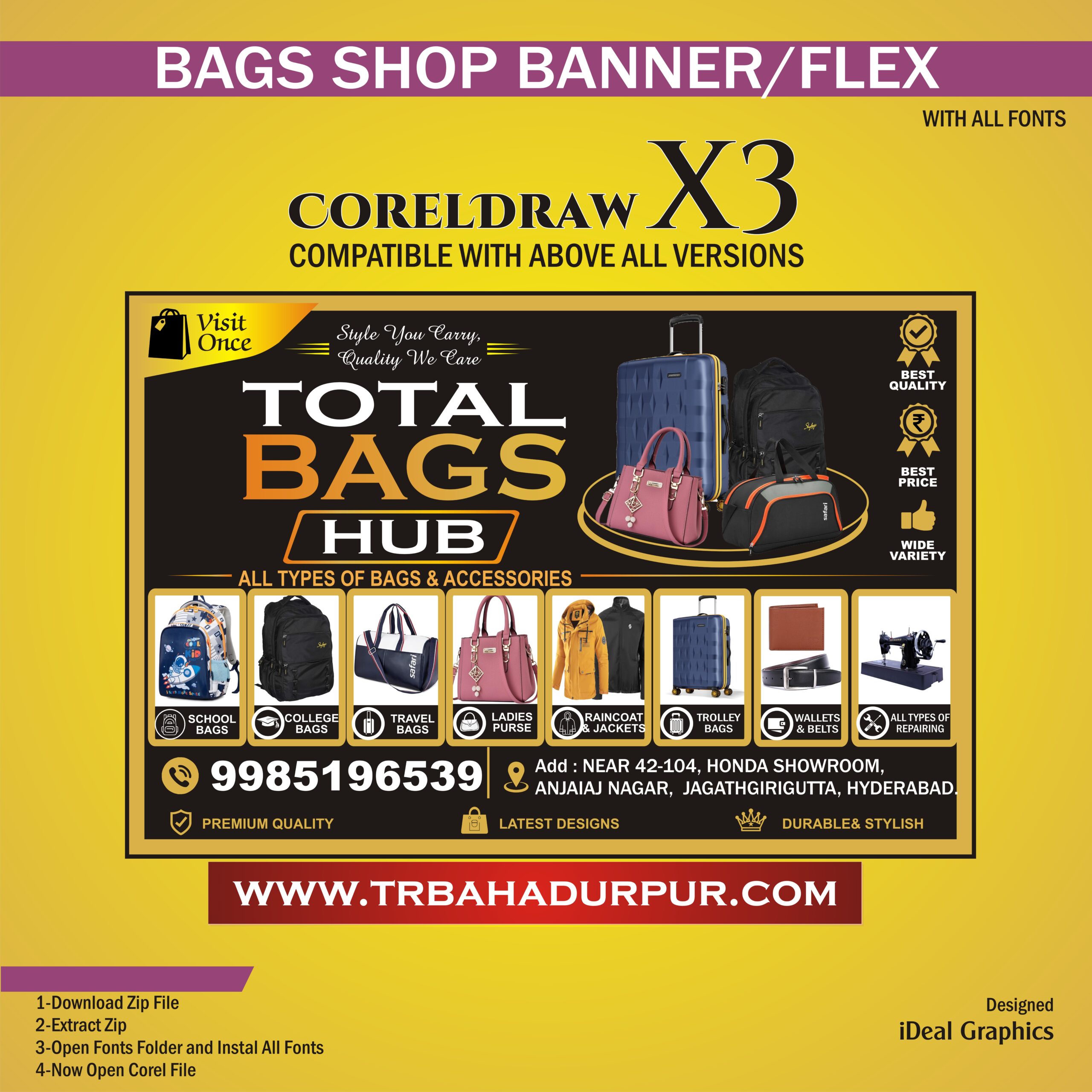 Latest Bags Shop Banner and Flex Design 2026 की लेटेस्ट CDR फाइल डाउनलोड करें। Bag Shop, Luggage Store और Business Promotion के लिए Editable CorelDRAW Flex Banner Design उपलब्ध है।