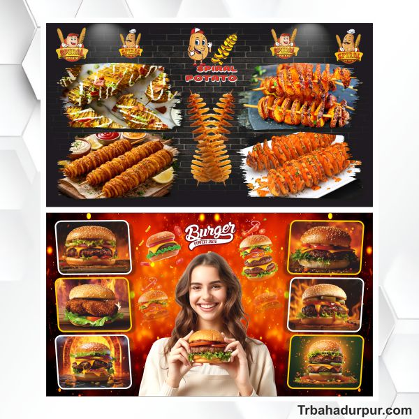 Spiral potato and burger wall wallpaper flex design cdr file